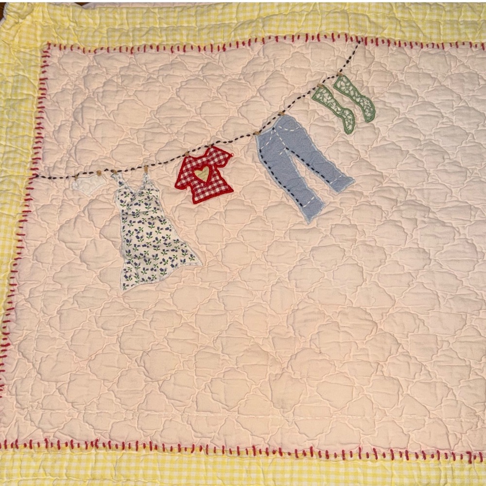 Pottery Barn Kids Clothesline Quilted Pillow Sham Yellow Gingham Applique 18x27